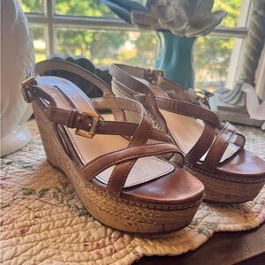 Prada Brown Leather Espadrille Wedge Sandals with Gold Buckles
